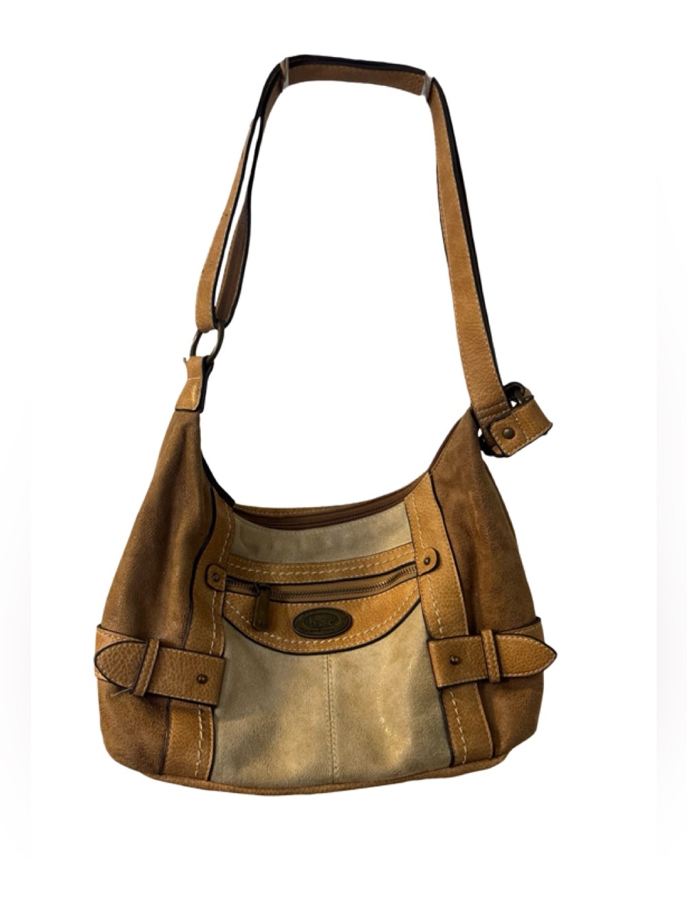 b.o.c. Two-Tone Tan & Cream Artsy Boho Earthy Faux Suede & Leather Shoulder Bag